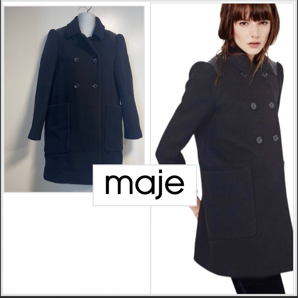 Maje Gabrielle Pea Coat with Leather Trim Size S